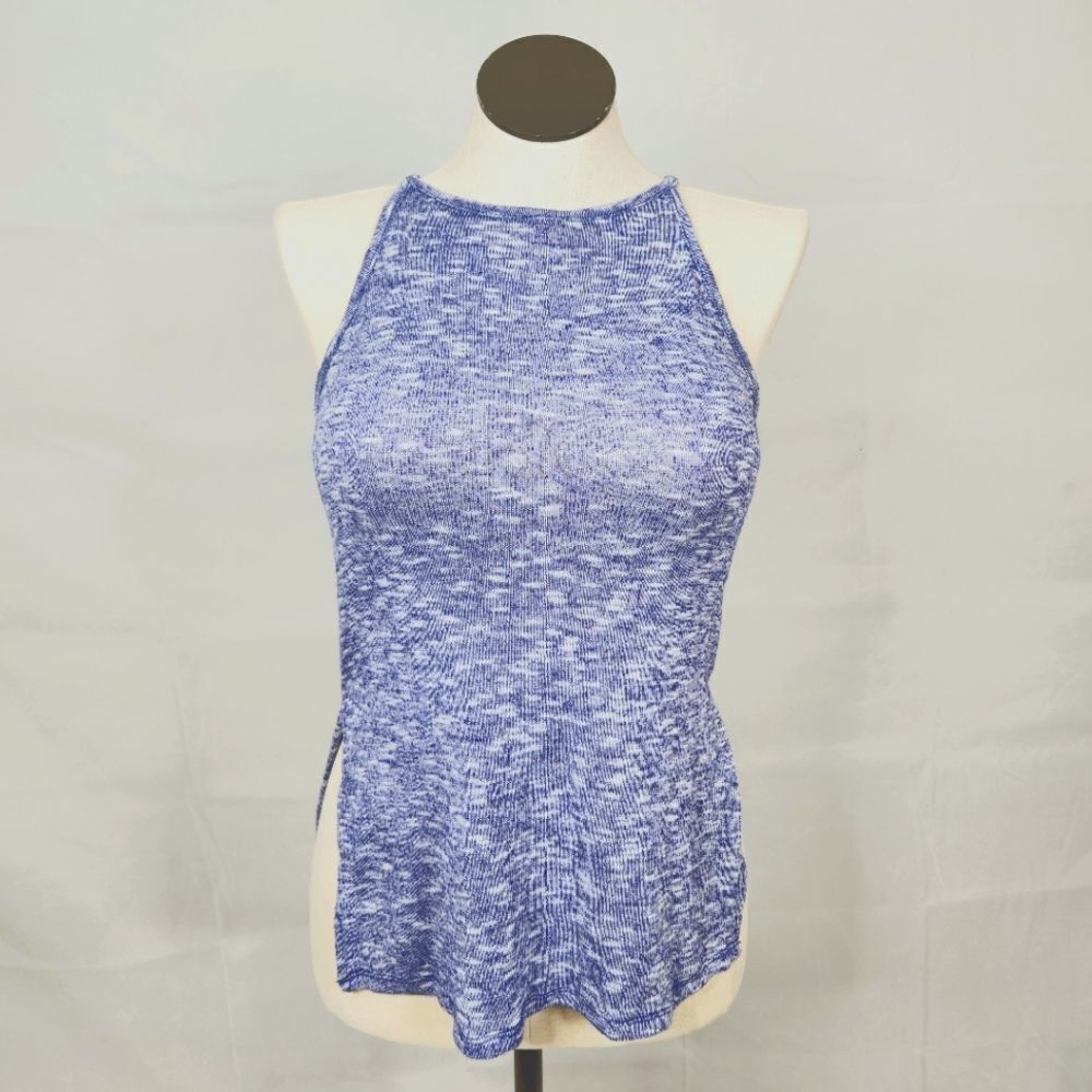 3/$25 Soho Jeans New York Heathered Blue Knit High Neck Side Slit Tank Top Sz XS